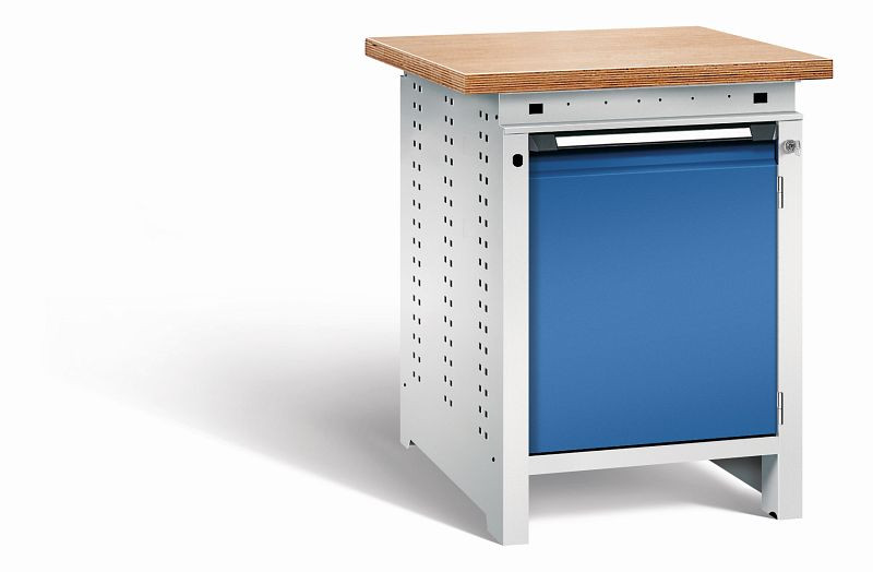 Otto Kind Werkbank Serie function Typ 104, Multiplexplatte 40 mm, überstehend, 1Tür 570 mm, 1 Ablageboden, Gehäuse RAL 7035, Front RAL 5010, 072321286