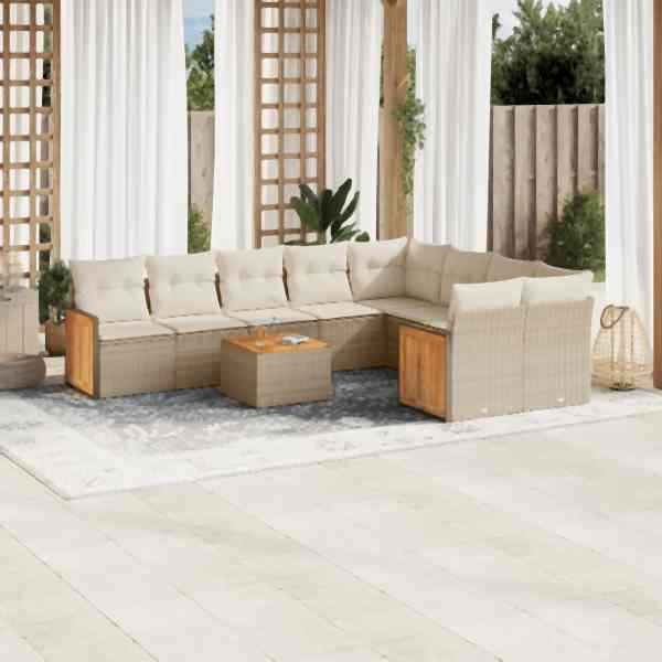 vidaXL 10-tlg. Garten-Sofagarnitur mit Kissen Beige Poly Rattan, UV-beständig, 3227990