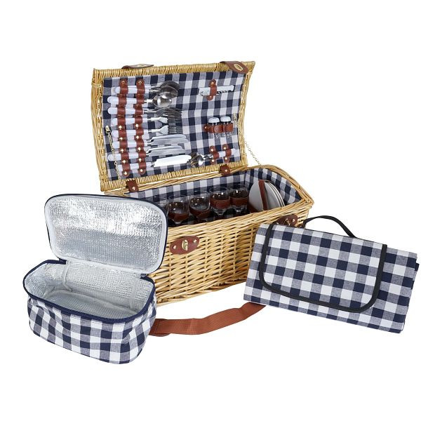 Mendler Picknickkorb-Set HWC-B23 für 6 Personen, Weiden-Korb Picknickdecke, Porzellan Glas Edelstahl, blau-weiß, 60139