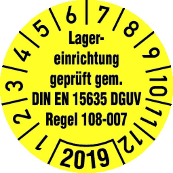 Schilder Klar Prüfplakette Lagereinrichtung geprüft gemäß DIN EN 15635 DGUV Regel 108-007 gelb/schwarz ab 24, 30 mm Folie, VE: 40 Stück, 8/68.24