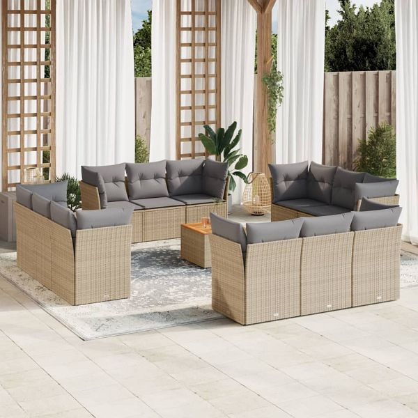 vidaXL 13-teilig Garten-Sofagarnitur mit Kissen Beige Poly Rattan, 3223539