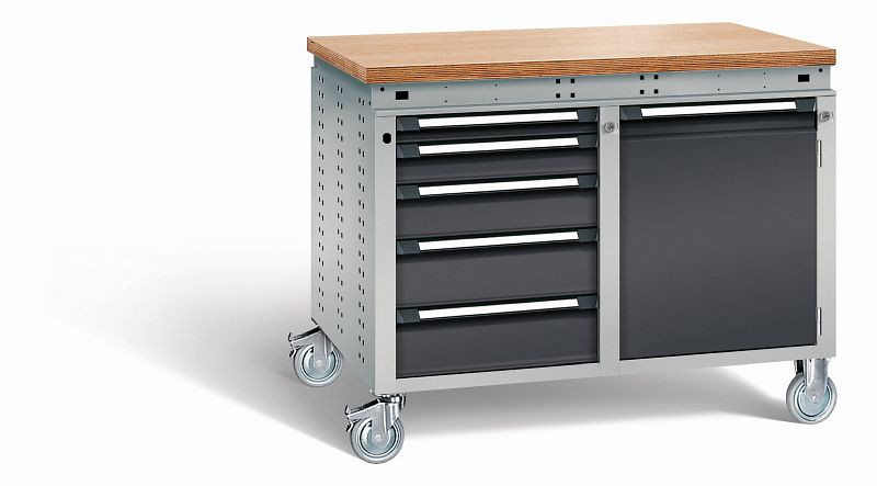 Otto Kind Werkbank Serie function Typ 253 fahrbar, Multiplexplatte 40 mm, bündig, 2x Unterbau, Gehäuse RAL 9006, Front RAL 9005, 07238413N