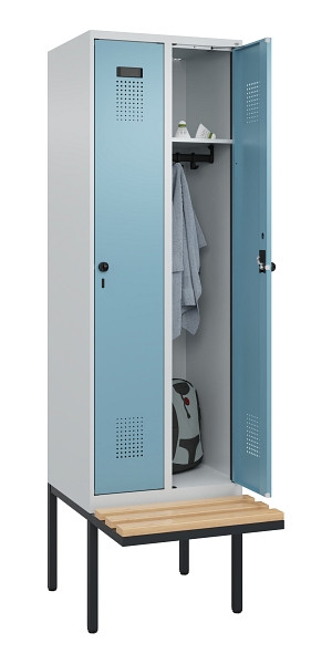 C+P Spind Evolo PLUS, 2 Abteil, 2120x600x815mm, 7035/0010, Drehriegel, Sitzfläche Holz, 0490407-20 S10009