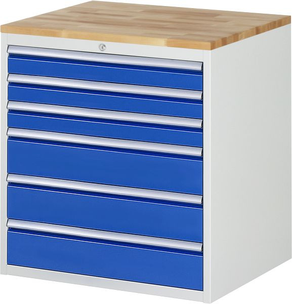 RAU Schubladenschrank Serie 7000, B770 x T650 x H825mm, 6 x Schublade-Größe-XL 3xH90, 3xH150 mm, Buche-Massiv-Arbeitsplatte, Stärke 25 mm, 03-XL5.9A-B.11
