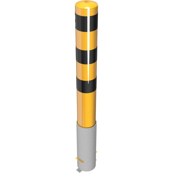 Stein HGS Stahlrohrpoller/Rammschutzpoller -Bollard-, 1500mm/ohne Verschluss, verkehrsgelb (RAL 1023) beschichtet mit 3 schwarzen Streifen, keine Ösen, 40151hb-gs