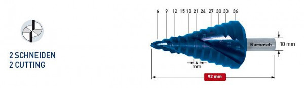 Karnasch Stufenbohrer HSS-XE, Blue-Dur beschichtet Spiral genutet - 2 Schneiden 6-36mm, 201450