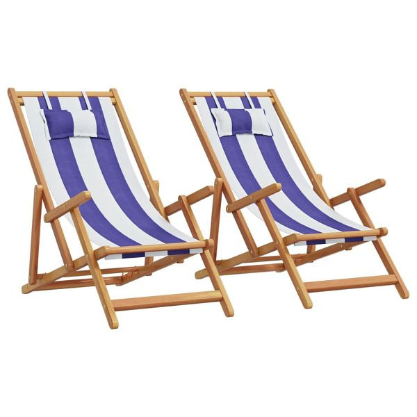 vidaXL Strandstühle 2 Stück Klappbar Blau Weiß Stoff und Massivholz, 3214490