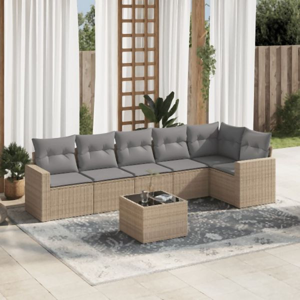 vidaXL 7-tlg. Garten-Sofagarnitur mit Kissen Beige Poly Rattan, 3251336