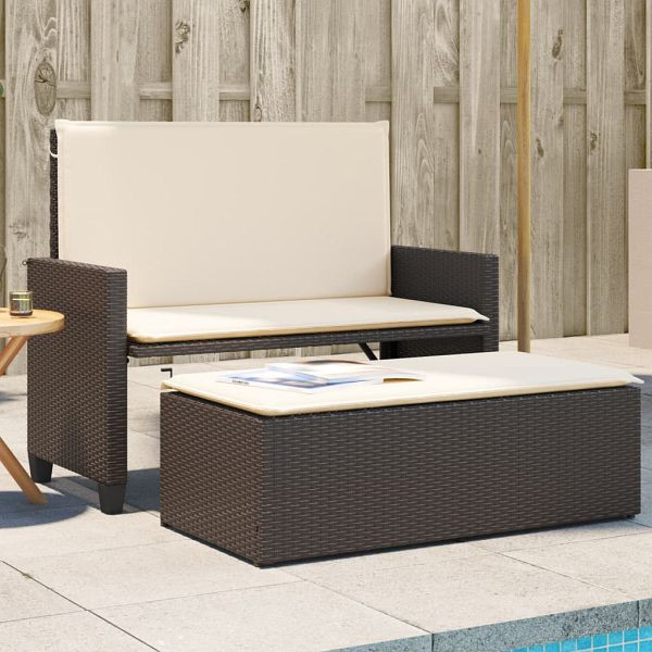 vidaXL Gartenbank mit Kissen und Hocker Braun Poly Rattan, 368408