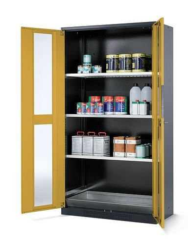 asecos Chemikalienschrank Systema CS-103G, Korpus anthrazit, gelb, 3 Einlegeböden und Bodenwanne, 202679