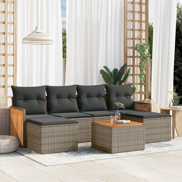 vidaXL 7-teilig Garten-Sofagarnitur mit Kissen Grau Poly Rattan, 3227908