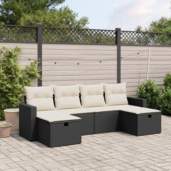 vidaXL 6-teilig Garten-Sofagarnitur mit Kissen Schwarz Poly Rattan, 3263542