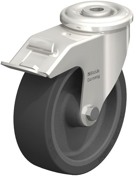 Blickle LIXR-POSI 125G-FI-OF Hitzebeständige Edelstahl-Lenkrolle mit Rückenloch & Feststeller, Silikon-Gummi, Schwarz, 845648