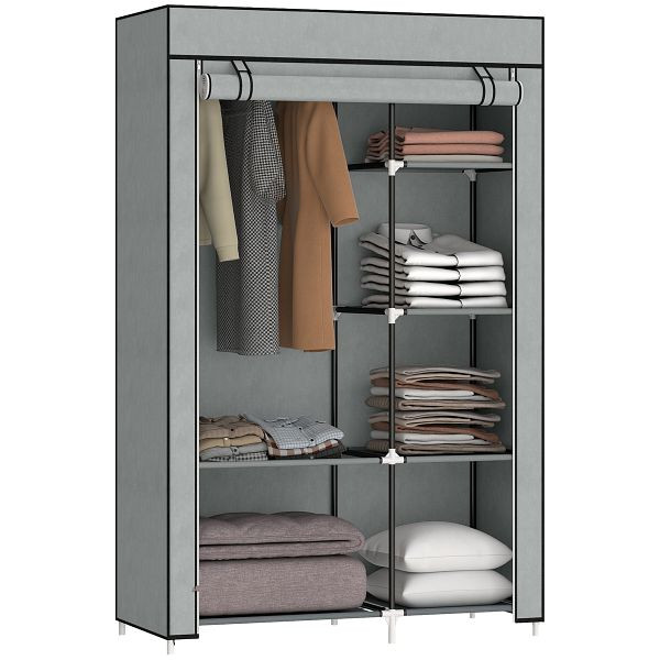 HOMCOM Schrank aus Stoff, Aufbewahrungslösung, 6 Regale, 1 Kleiderstange, Grau, 850-213V00LG