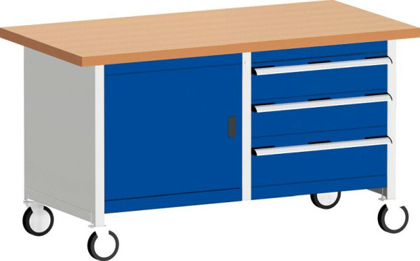 bott cubio Kastenwerkbank mobil 3 Schubladen Tür, Ablage, Multiplex-Arbeitsplatte BxTxH: 1500 x 750 x 840 mm, RAL 7035/7016, 41002100.19V