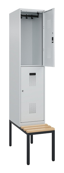 C+P Doppelstock-Spind Evolo PLUS, Bank, 2 Fächer, 2120x400x815mm, 7035/7035, Zylinderschloss, Sitzfläche Buche-Hartholz, Sitzbank, 0493507-12 S10040