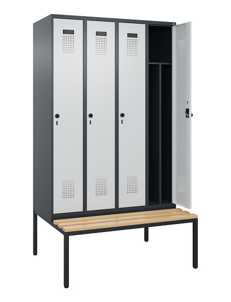 C+P Spind Evolo PLUS, 4 Abteile, 2120x1200x815mm, 7016/7035, Haken 4, Drehriegel, Sitzfläche Buche-Hartholz, Sitzbank, 0490507-40F S10017