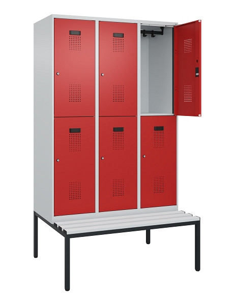 C+P Doppelstock-Spind Evolo PLUS, Bank, 6 Fächer, 2120x1200x815mm, 7035/3000, Zylinderschloss, Sitzfläche Kunststoff, Sitzbank, 0493507-32 S10111
