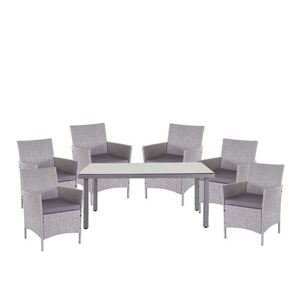 Mendler Poly-Rattan-Garnitur Halden, Gartenmöbel Balkon-Set Sitzgarnitur, grau, Kissen anthrazit, 64311+3x64302