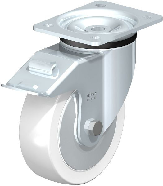 Blickle LK-SPO 160G-FI-FA Stahlblech-Lenkrolle, schwere Ausführung, mit Anschraubplatte & Feststeller, Polyamid, Weiß, 852850