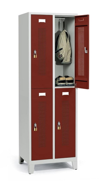 Deskin Doppelstöckiger Spind mit Füßen, Rubinrot RAL 3003, 590 x 500 x 1800 mm, 4 Abteile, Korpus: Lichtgrau RAL 7035, 331403