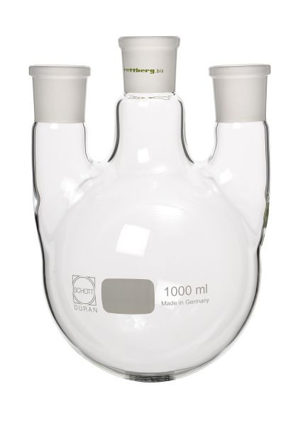 Rettberg 3-Halskolben, 10000 ml, Mittelhals NS 45/40, 2x Seitenhals NS 29/32 (gerade), Borosilikatglas 3.3, 134026486