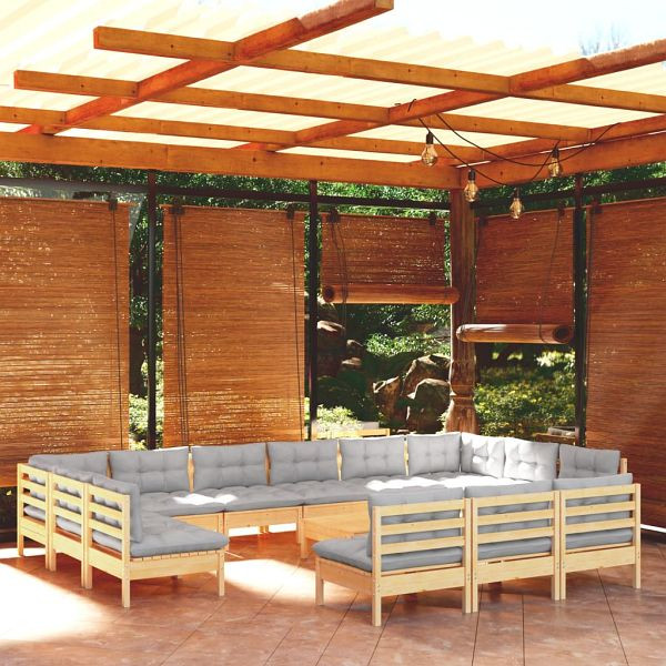 vidaXL 14-teilig Garten-Lounge-Set mit Grauen Kissen Kiefer Massivholz, 3097240