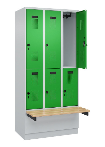 C+P Doppelstock-Spind Evolo PLUS, Bank, 6 Fächer, 1950x900x815mm, 7035/6037, Drehriegel, Sitzfläche Buche-Hartholz, mit Sockel, 049340-30 S10011