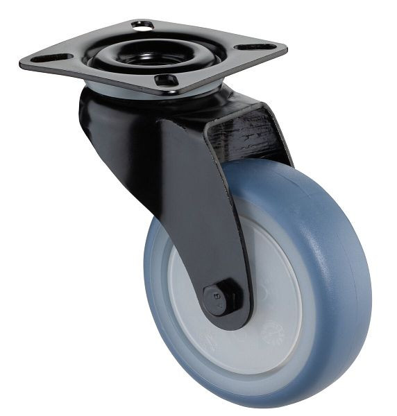 BS Rollen Lenkrolle schwarz, thermoplastisches Gummirad hellblau, Felge natur, Kugellager, Platte, Durchmesser: 75 mm, VE: 4 Stück, A800.A85.075.05