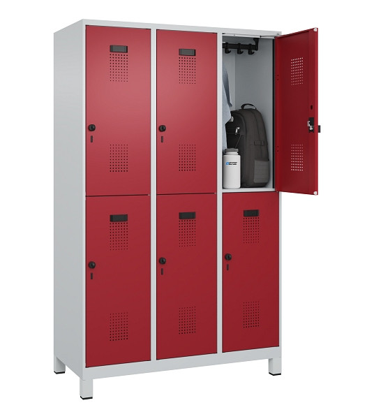 C+P Doppelstöckiger Spind Evolo PLUS, mit Füßen, 6 Fächer, 1950x1200x500mm, 703, Frontfarbe RAL 3003 Rubinrot, Drehriegel, 049310-32 S10004