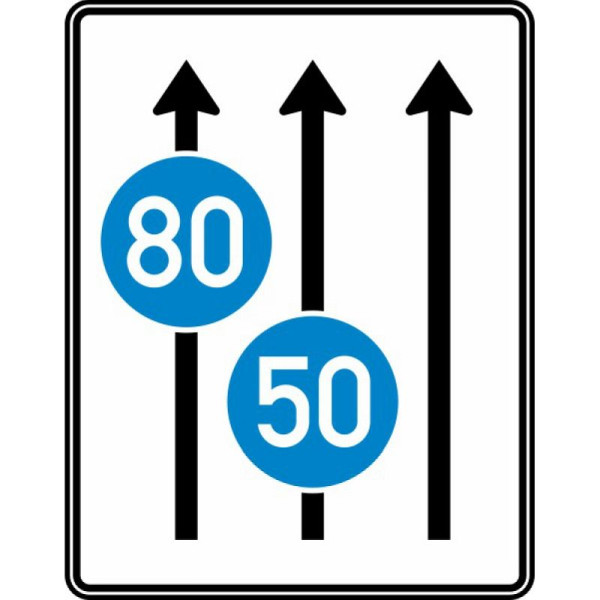 Stein HGS Fahrstreifentafel ohne Gegenverkehr, 3-streifig Fahrtrichtung, mit vorgeschriebene Mindestgeschwindigkeit, 1250x1600mm, RA1, Flachform 2mm, ohne Entfernungsangabe, 525-31-111