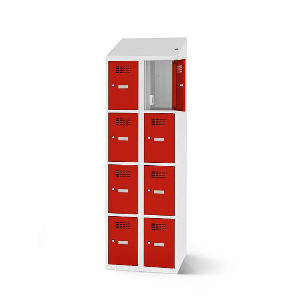Rotstahl Fächerschrank, 8 Fächer, Stollenfüße, mit Ladefunktion, Schrägdach, Korpus: lichtgrau, Türen: verkehrsrot, 2180-020400-0602112-7035-3020