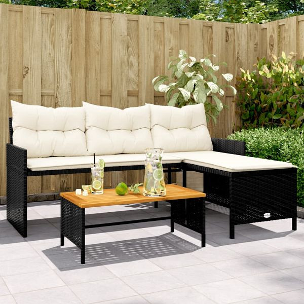 vidaXL Gartensofa in L-Form mit Tisch und Kissen Schwarz Poly Rattan, 365581