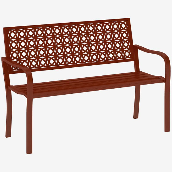 Outsunny Außenbank, Gartenbank aus Stahl, Ausgeschnittene Rückenlehne, Armlehnen, für 2 Personen, Rot, 84G-558V00RD