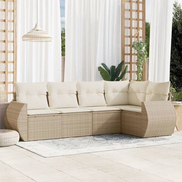 vidaXL 5-teilig Garten-Sofagarnitur mit Kissen Beige Poly Rattan, 3221327
