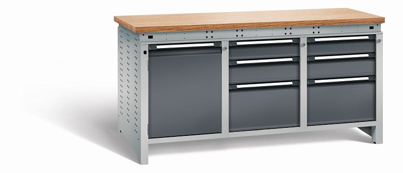 Otto Kind Werkbank Serie function Typ 311, Multiplexplatte 40 mm, bündig, 2x Unterbau + mittleres Feld, Gehäuse RAL 9006, Front RAL 7016, 07236614S