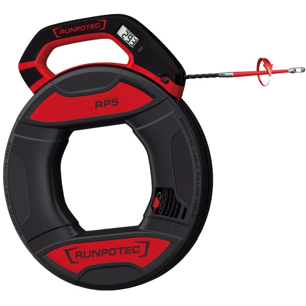 Runpotec RP5 Kabeleinziehband mit digitalem Meterzähler, 30 m, inkl. 2 x RG7 Führungsspitze mit Drallausgleich, Gesamtbruchlast 270 kg, 10203