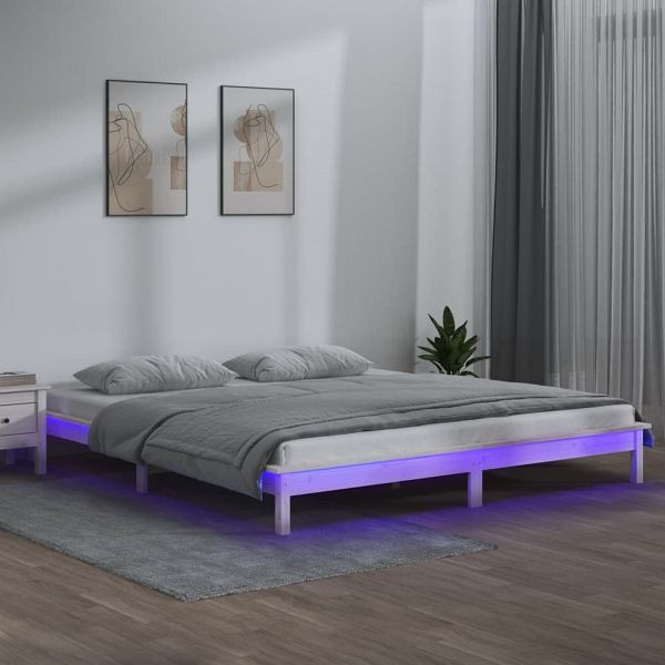 vidaXL Massivholzbett mit LEDs Weiß 180x200 cm, Material des Bettgestells: Massives Kiefernholz, 820622