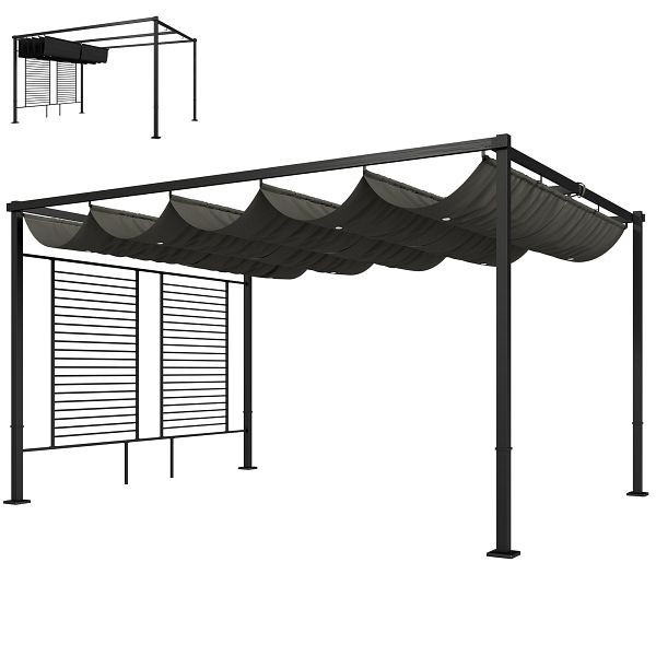 Outsunny Pergola 3,87 x 2,97 m Terrassenüberdachung mit Schiebedach, 2 Sichtschutz, UV 50+ Dunkelgrau, 84C-668V00CG