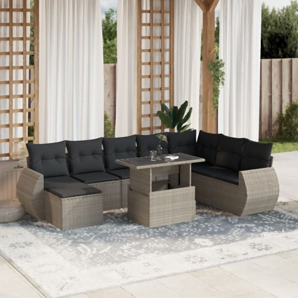 vidaXL 9-tlg. Garten-Sofagarnitur mit Kissen Hellgrau Poly Rattan, 3268732