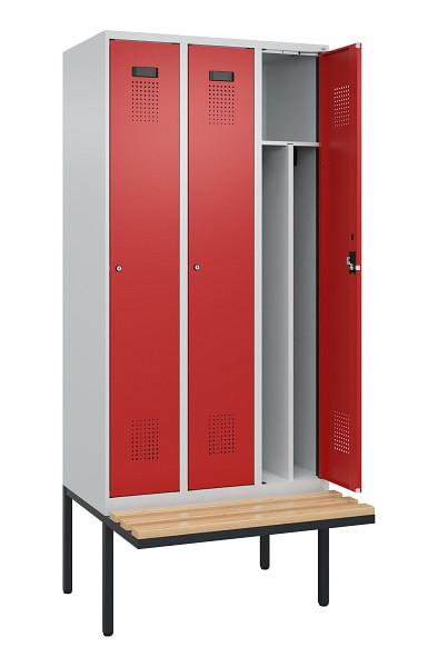 C+P Spind Evolo PLUS, 3 Abteile, 2120x900x815mm, 7035/3000, Haken 4, Zylinderschloss, Sitzfläche Holz, 0490407-30F S10030