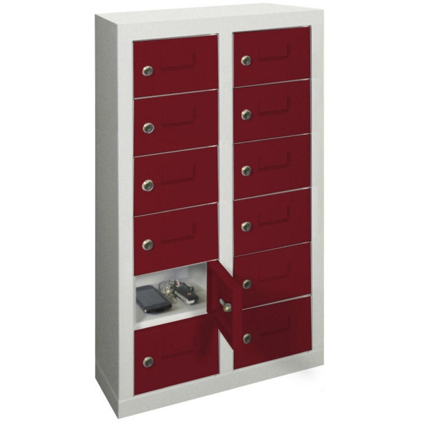 Deskin Kleinfachschrank 2 x 6 Fächer, Rubinrot RAL 3003, 460 x 200 x 815 mm, mit Etikettenrahmen, 270373