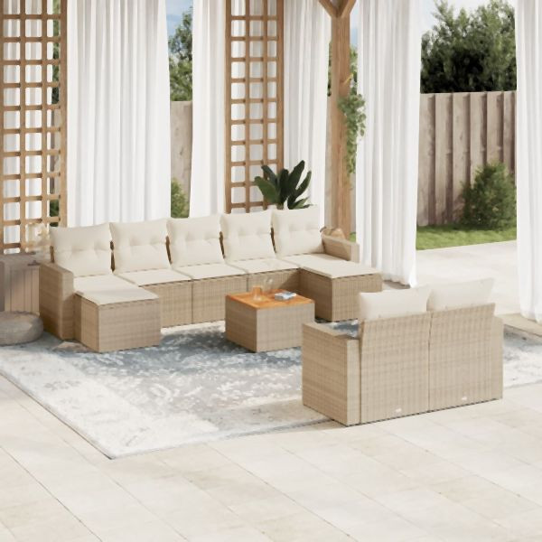 vidaXL 10-tlg. Garten-Sofagarnitur mit Kissen Beige Poly Rattan, 3256667