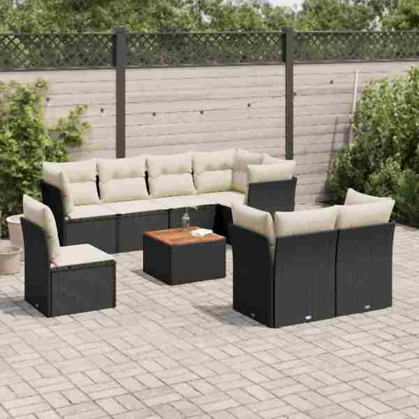 vidaXL 9-tlg. Garten-Sofagarnitur mit Kissen Schwarz Poly Rattan, UV-beständig, 3256070
