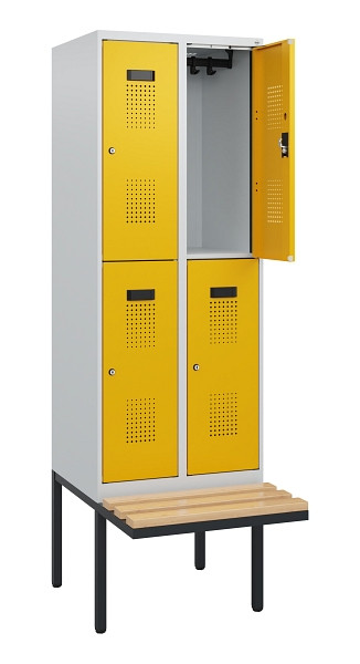 C+P Doppelstock-Spind Evolo PLUS, Bank, 4 Fächer, 1950x600x815mm, 7035/1004, Zylinderschloss, Sitzfläche Buche-Hartholz, 0493405-20 S10018