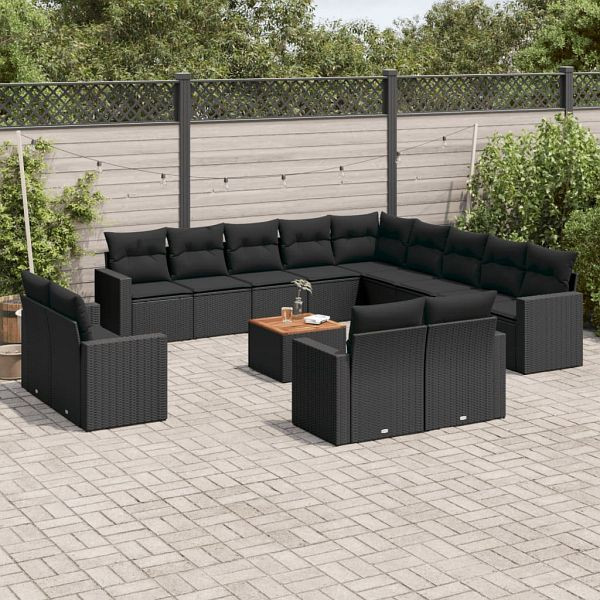 vidaXL 14-teilig Garten-Sofagarnitur mit Kissen Schwarz Poly Rattan, 3224396