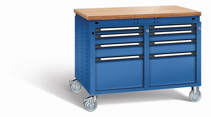 Otto Kind Werkbank Serie function Typ 254 fahrbar, Multiplexplatte 40 mm, bündig, 2x Unterbau, komplett RAL 5010, 072385113