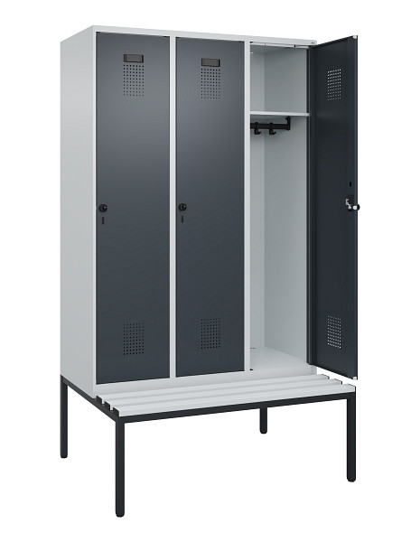 C+P Spind Evolo PLUS, 3 Abteile, 2120x1200x815mm, 7035/7016, Haken 4, Drehriegel, Sitzfläche Kunststoff, Sitzbank, 0490507-32 S10066