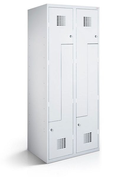 KEMMLIT Z-Spind mit 2 Abteilen und 4 Türen 40cm mit geschlossenem Sockel, Lichtgrau 7035, Zylinderschloss, 100143
