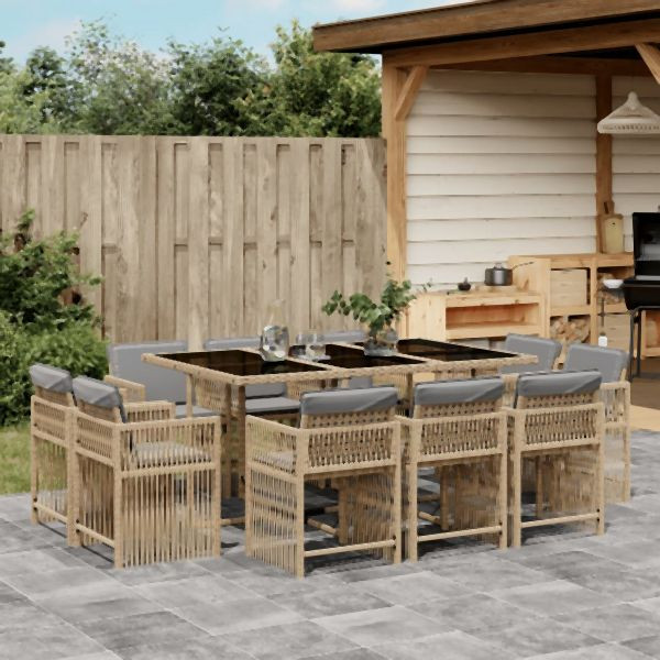 vidaXL 11-tlg. Garten-Essgruppe mit Kissen Beigemischung Poly Rattan, 3211752